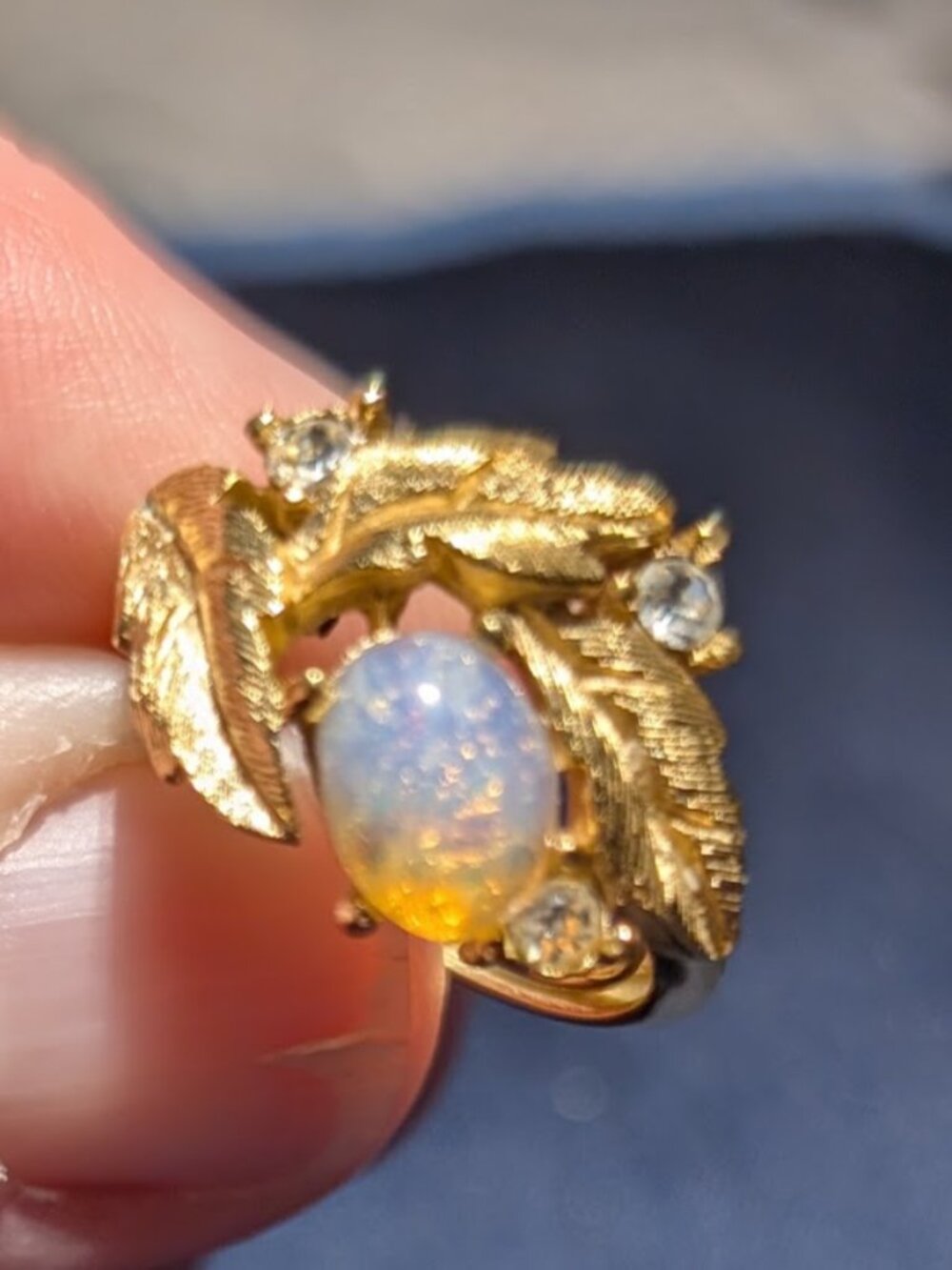 Vintage 1972 Avon Fire Flower Ring | Gold Tone Faux Opal Leaf Cocktail Ring